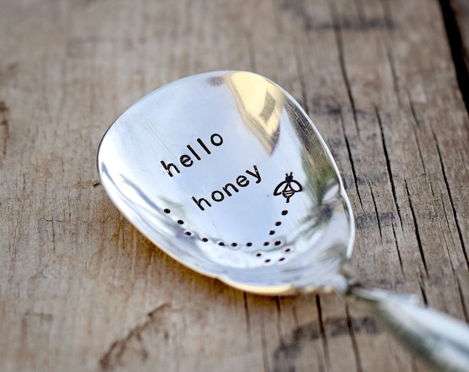 Featured listing image: Hello Honey - Upcycled Vintage Silverware Spoon hand stamped