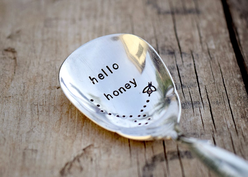 Hello Honey Upcycled Vintage Silverware Spoon hand stamped image 1