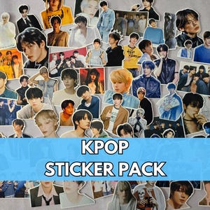 May include: A collection of KPOP sticker pack featuring various male idols. The stickers are in various sizes and poses, with a blue banner at the bottom that reads "KPOP STICKER PACK" in white text.