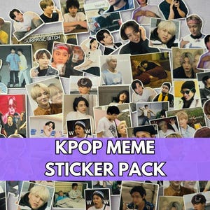 May include: A collection of K-pop meme stickers featuring various images of K-pop stars. The stickers are in various sizes and shapes, with a purple banner at the bottom that reads "KPOP MEME STICKER PACK" in white text.