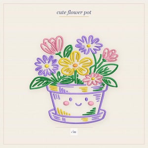 Puede incluir: Diseño bordado de una maceta linda con una cara sonriente, llena de flores coloridas. Las flores incluyen flores rosas, amarillas y moradas con hojas verdes. El texto "cute flower pot" está encima del diseño.