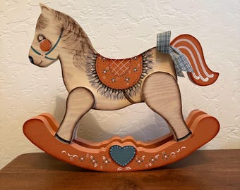 vintage folk art wooden rocking horse tabletop decor piece