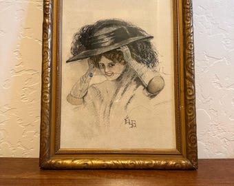 Framed Harrison Fisher Art Print "Danger" 1903, Ornate Gold Frame, Art Nouveau Portrait
