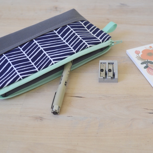 Pencil Pouch, Small Cosmetic Bag in Midnight Blue Herringbone & Mint