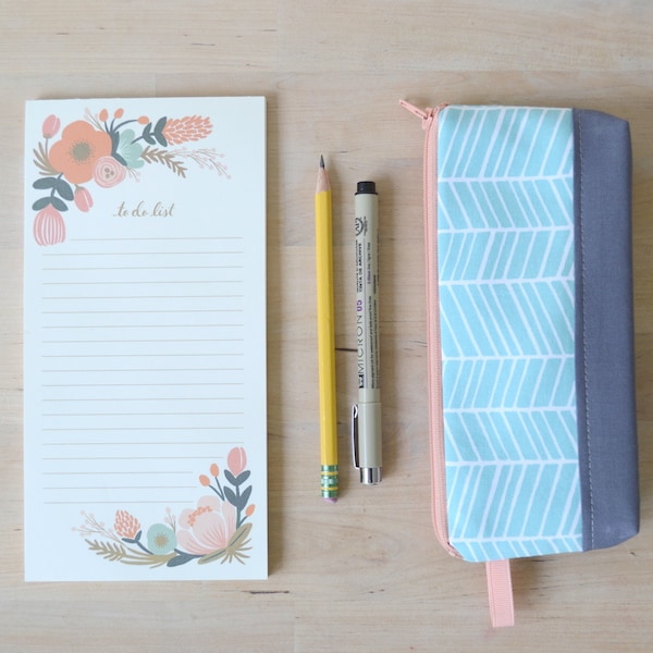 Pencil Case, Zipper Pouch, Small Cosmetic Bag in Sky Blue Herringbone