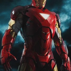 May include: A full-body shot of the Iron Man suit, a red and gold armored suit. The suit has a triangular chest piece and a helmet with glowing eyes. The background is a dark blue with a cloudy effect.