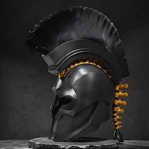 May include: A matte black Spartan-style helmet featuring a prominent black crest along the top. The helmet is accented with a gold-colored spinal column structure that runs along the crest base and extends down the back of the headpiece.