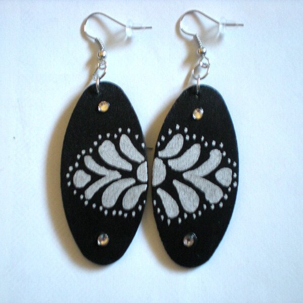 Black and Silver abstract handpainted wood earrings