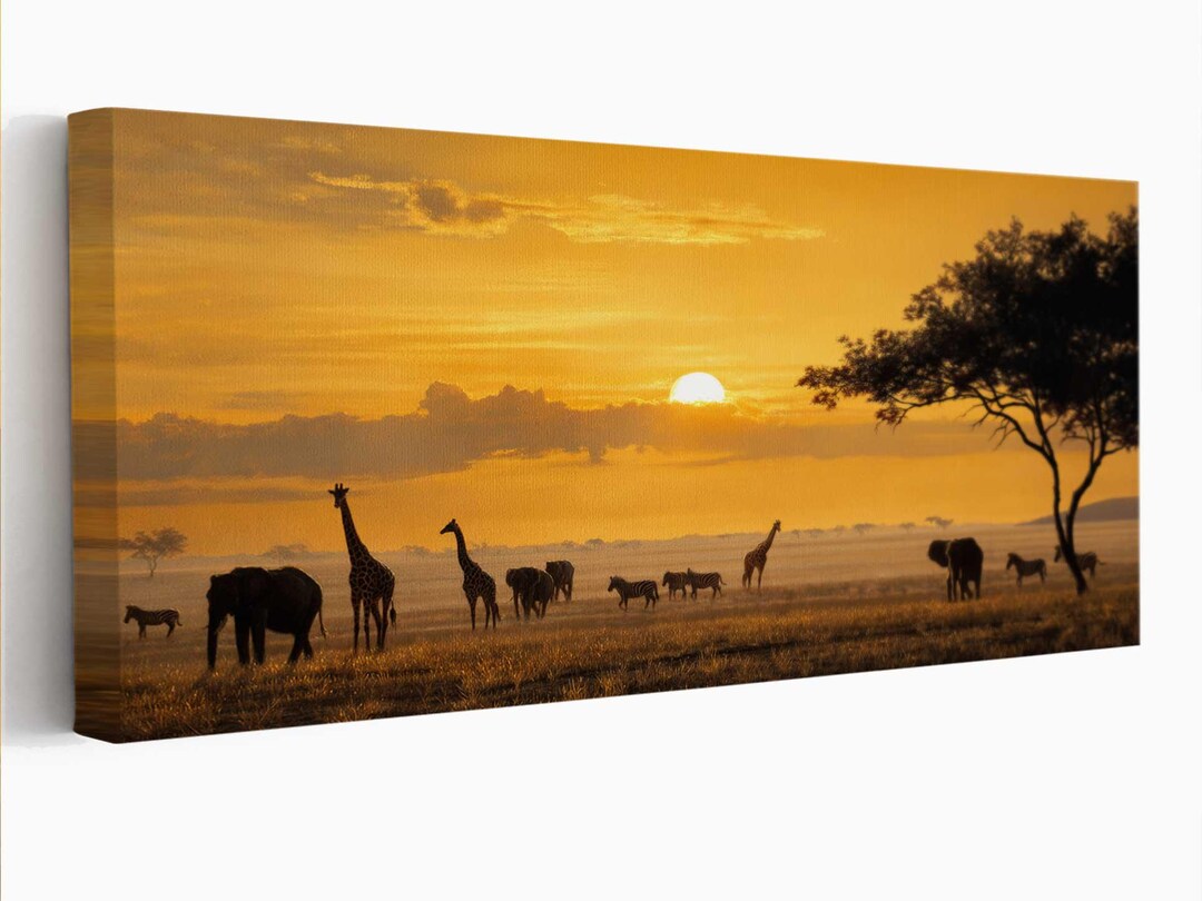 African Savanna Sunset Wall Art, Safari Animals Decor, Elephant and ...