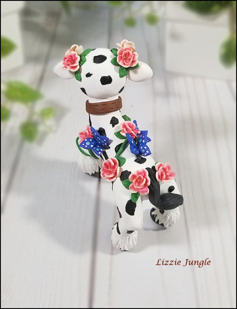 Beautiful Mini Cow in Peony Field Unique Cow Handmade Decoration OOAK Cow Clay Figurine Charlotte