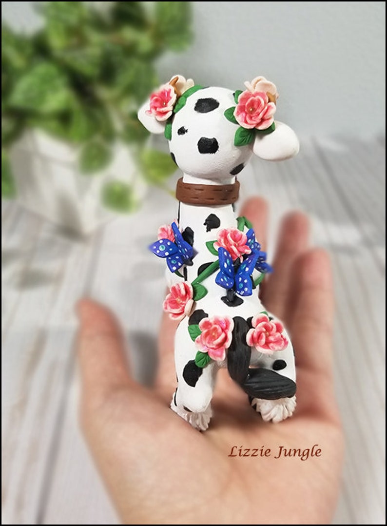 Beautiful Mini Cow in Peony Field Unique Cow Handmade Decoration OOAK Cow Clay Figurine Charlotte