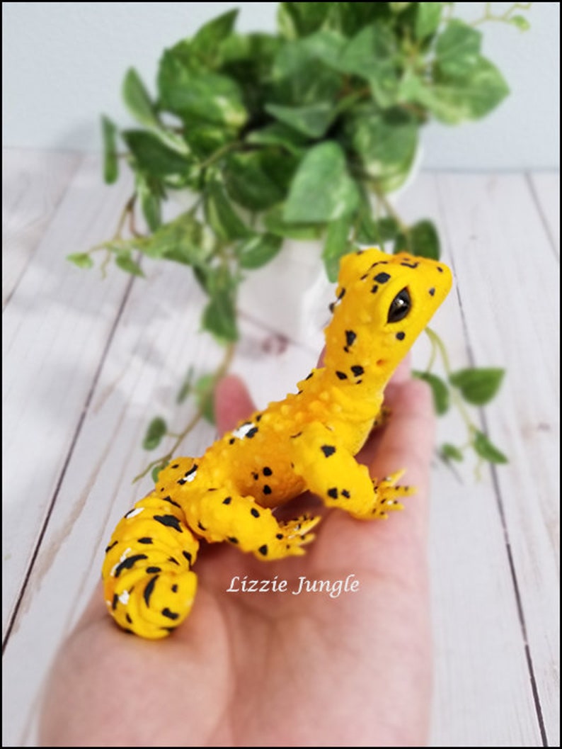 OOAK Reptile Clay Figurine Unique Handmade Decoration Theo Cute Mini Yellow Leopard Gecko Sculpture