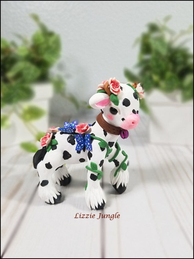 Beautiful Mini Cow in Peony Field Unique Cow Handmade Decoration OOAK Cow Clay Figurine Charlotte
