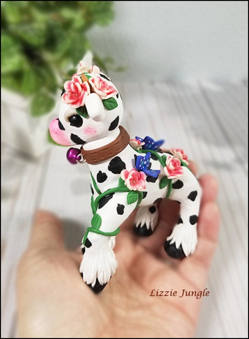 Beautiful Mini Cow in Peony Field Unique Cow Handmade Decoration OOAK Cow Clay Figurine Charlotte