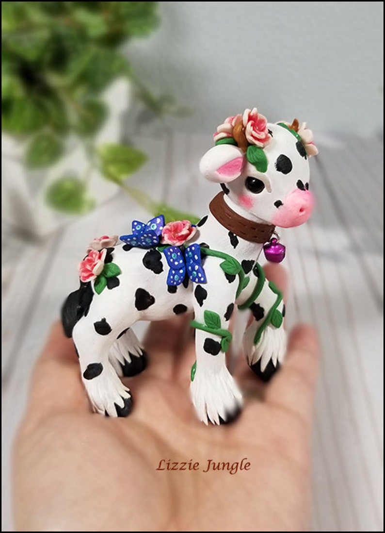 Beautiful Mini Cow in Peony Field Unique Cow Handmade Decoration OOAK Cow Clay Figurine Charlotte