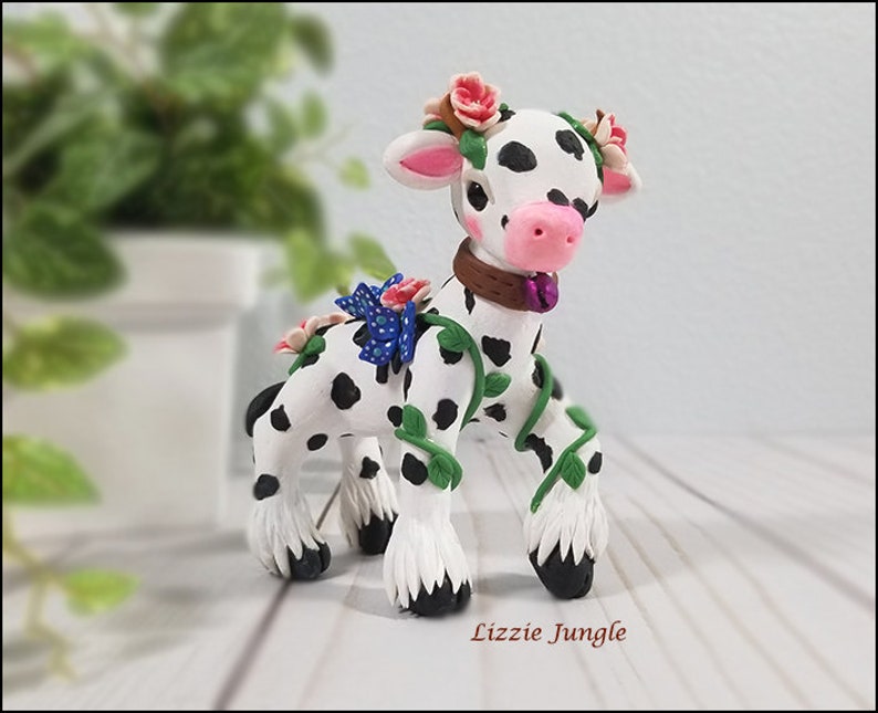 Beautiful Mini Cow in Peony Field Unique Cow Handmade Decoration OOAK Cow Clay Figurine Charlotte