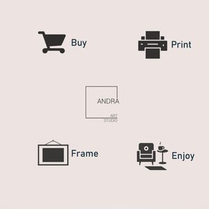 May include: An image with icons and text related to art. Includes a shopping cart with "Buy", a printer with "Print", a framed picture with "Frame", and a chair with a table and cup with "Enjoy". The center features the text "ANDRA ART STUDIO".