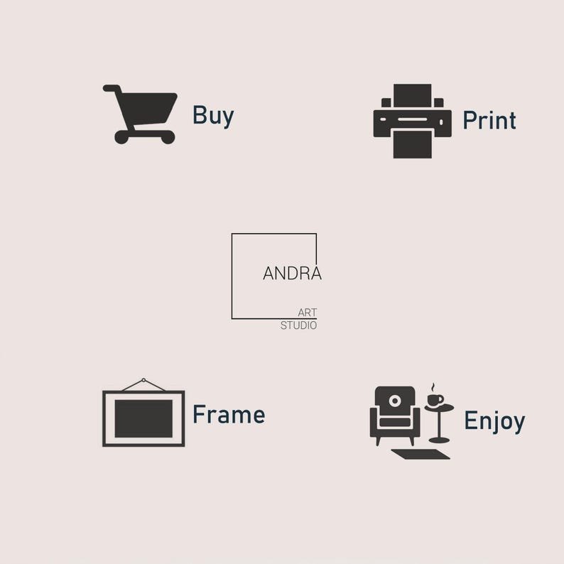 May include: An image with icons and text related to art. Includes a shopping cart with "Buy", a printer with "Print", a framed picture with "Frame", and a chair with a table and cup with "Enjoy". The center features the text "ANDRA ART STUDIO".