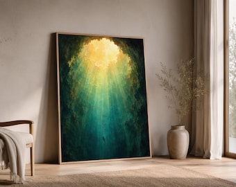 May include: A rectangular framed wall art print featuring an underwater scene with a deep teal and dark green cavern. A bright golden light filters down from an opening at the top, illuminating the water and a small silhouette of a diver.