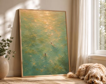 May include: A vertical rectangular framed wall art print featuring an impressionistic painting of two figures swimming in calm, light green and golden water. The artwork displays textured brushstrokes and a soft, sunlit color palette throughout.