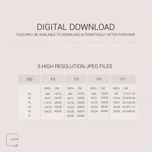May include: Digital download art print size chart. Includes 5 high-resolution JPEG files with various aspect ratios and sizes in inches and centimeters. Sizes range from A6 to A1, with corresponding inch and cm measurements.