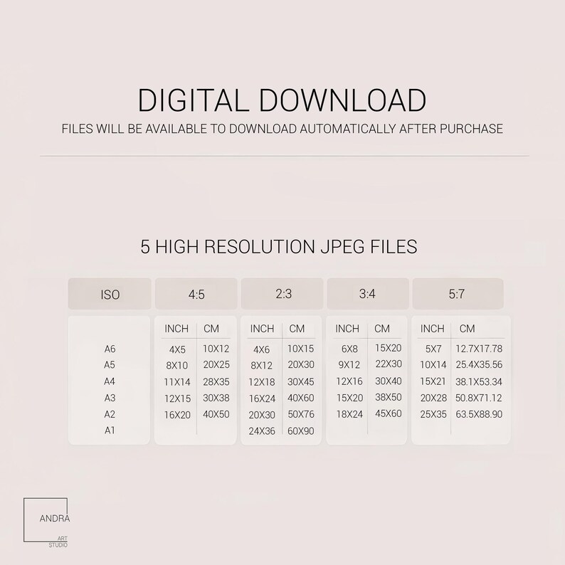 May include: Digital download art print size chart. Includes 5 high-resolution JPEG files with various aspect ratios and sizes in inches and centimeters. Sizes range from A6 to A1, with corresponding inch and cm measurements.