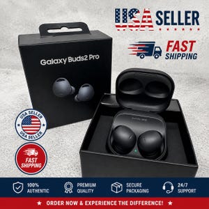 May include: Black Samsung Galaxy Buds2 Pro wireless earbuds in a black charging case, accompanied by the original black product packaging box. The box features the text Galaxy Buds2 Pro and the earbuds are labeled with Sound by AKG branding.