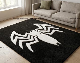 Venom Spider Logo Rug, Black and White Aesthetic Carpet, Superhero Gaming Room Decor, Comic Book Fan Gift, Tufted Anti-Hero Floor Mat 8x10,