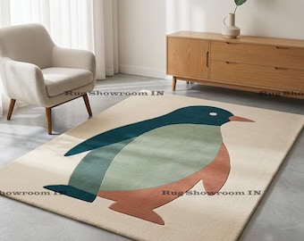 Minimalist Penguin Area Rug, Nursery Animal Carpet, Modern Kids Room Decor, Cute Penguin Playmat, Scandinavian Style Rug for Bedroom