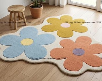 Colorful Flower Shaped Rug, Tufted Floral Area Carpet, Daisy Pattern Bedroom Decor, Kids room Rug, Bohemian Flower Floor Mat, Playful Rug