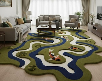 Alfombra con diseño de estanque de carpas koi en 3D, alfombra personalizada de forma irregular color verde musgo, alfombra estética ondulada para sala de estar.