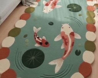 Oval, tuftad trädgårdsmatta med koidamm, söt terrakottamatta med fisk, unik födelsedagspresent, pastellfärgad estetisk sovrumsinredning