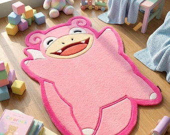 Custom Slowpoke Tufted Rug, Cute Pink Anime Carpet, Handmade Pokémon Floor Mat for Bedroom, Kawaii Room Decor Gift, Aesthetic Game Room Rug