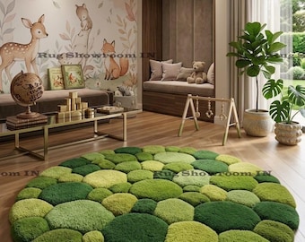 Green Moss Rug, Round Textured Shag Carpet, Realistic Moss Floor Mat, Nature Inspired Room Decor, Forest Floor Rug for Living Room7x7, 10x10