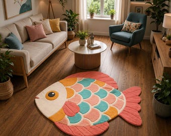 Tapete artesanal com estampa de peixes fofos | Tapete tufado com tema oceânico para quarto de bebê, decoração colorida para quarto infantil, presente exclusivo para inauguração de casa com inspiração litorânea.