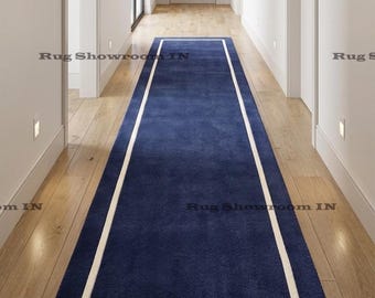 Modern marineblauw lopertapijt, minimalistisch tapijt aan de rand, luxe zachte vloermat voor hal, haltapijt, lange loper woonkamer