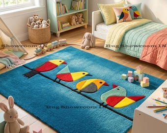 Alfombra colorida con diseño de pájaros, alfombra abstracta hecha a mano con pájaros, decoración moderna para habitaciones infantiles, alfombra divertida con arte de pájaros para guardería, alfombra única para sala de estar.