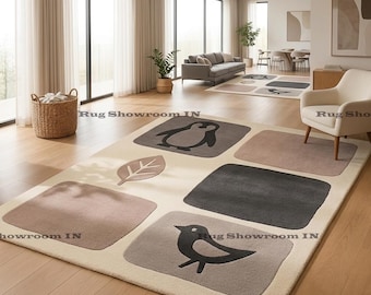 Modern Kids Area Rug, Minimalist Nursery Carpet, Gender Neutral Playroom Decor, Animal Motif Soft Floor Mat for Baby Room