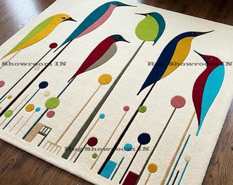 Tappeto moderno con uccelli, tappeto in lana fatto a mano, tappeto colorato con uccelli, tappeto per cameretta, tappeto in lana artigianale, tappeto con design giocoso di uccelli