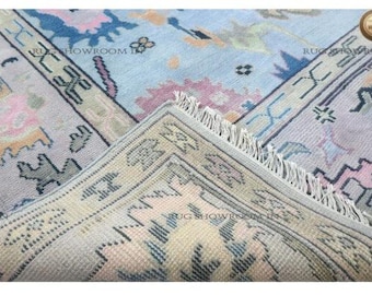 Alfombra Oushak azul de 9x12 pies - Alfombra de lana anudada a mano en tonos suaves, alfombra tradicional de estilo turco, decoración en tonos tierra para el dormitorio principal.