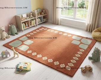 Terracotta Brown Tufted Area Rug, Mid Century Modern Sage Green Geometric Carpet, Wool Rug for Bedroom, Abstract Border Floor Mat