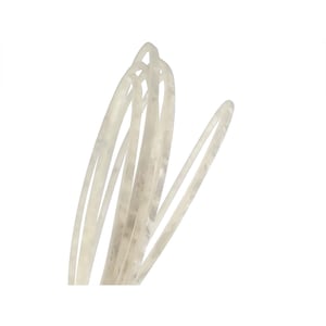 May include: A close-up of a spool of clear, translucent fishing line. The line is wound tightly around the spool, creating a series of concentric circles.