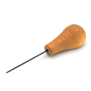 May include: A wooden awl featuring a light brown, teardrop-shaped handle and a long, silver metal shaft. The awl is designed for piercing or making holes in materials. The handle has a smooth, polished finish.