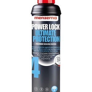 Può includere: Una bottiglia nera con tappo rosso, con il testo "POWER LOCK ULTIMATE PROTECTION". La bottiglia ha un numero 4 blu e testo bianco. Il prodotto è una miscela sigillante polimerica.
