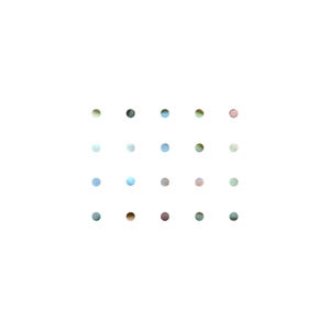 May include: Twenty small, evenly spaced circles arranged in a grid on a white background. The circles are in various shades of blue, green, brown, and pink. The design has a minimalist aesthetic and a clean appearance.