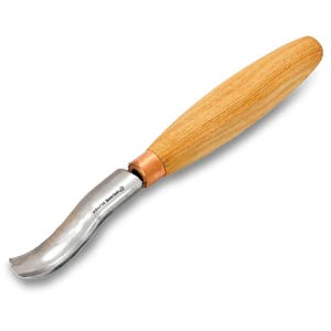 May include: A curved carving knife with a wooden handle and a silver-colored blade. The handle is light brown and has a copper-colored ferrule where it meets the blade. The blade is curved and has text on it.