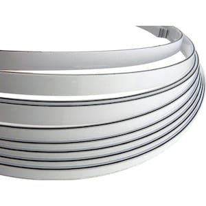 May include: A close-up of white ribbon with black lines running along the edges. The ribbon is rolled up in a circle.