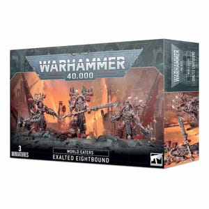 May include: A boxed set of Warhammer 40,000 miniatures featuring three World Eaters Exalted Eightbound figures. The box has the Warhammer 40,000 logo and the text "3 Miniatures". The figures are red and silver with detailed armor.