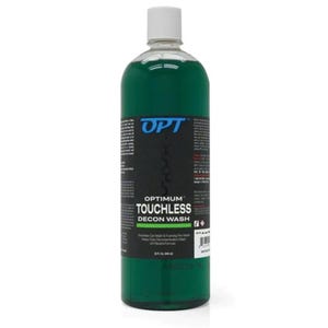 May include: A clear plastic bottle filled with green liquid, with a white cap. The label displays "OPT Touchless Decon Wash". The bottle contains 946 ml of product, designed for car wash and foaming pre-wash applications.