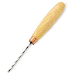 May include: A wood-handled awl with a copper ferrule and a slender, pointed steel shaft. The awl is designed for piercing or marking materials. The handle is light-colored wood, and the metal components are silver and copper.